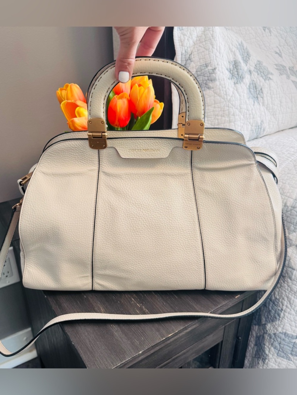 Emporio Armani Cream Leather Satchel Bag with Gold Hardware